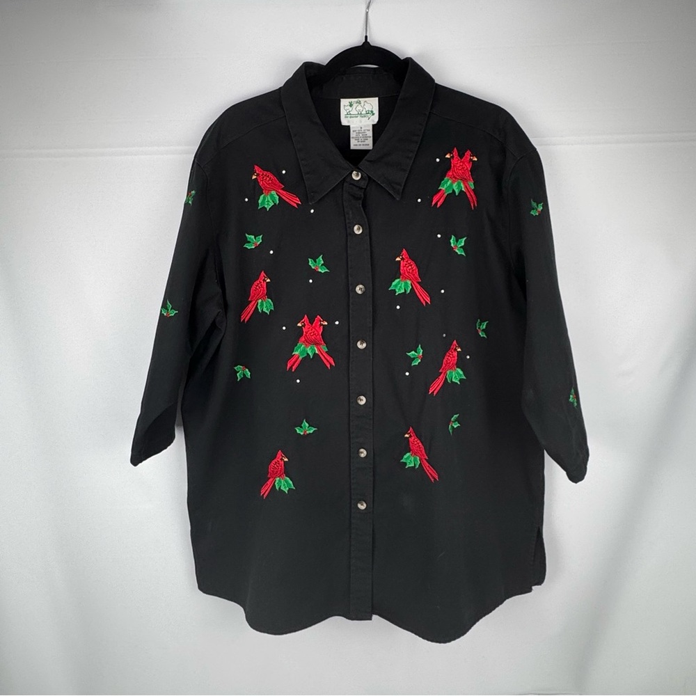 Vtg Black Denim Festive Holiday Holly Shirt Embroidered Red Cardinals, Mistletoe